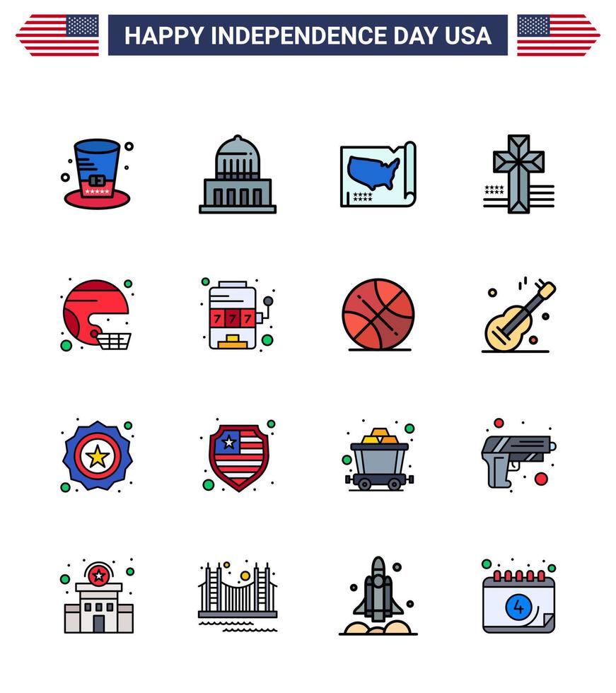 Happy Independence Day USA Pack of 16 Creative Flat Filled Lines of helmet american map church american Editable USA Day Vector Design Elements