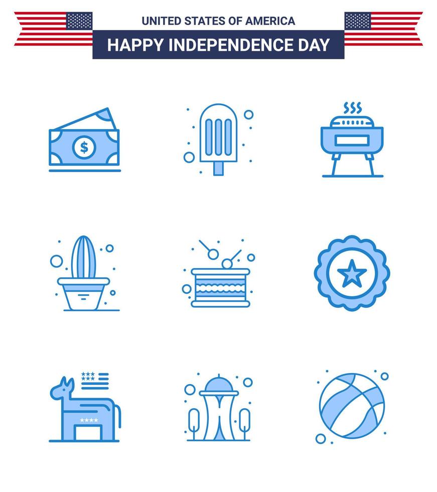 Set of 9 Modern Blues pack on USA Independence Day holiday day celebration pot flower Editable USA Day Vector Design Elements