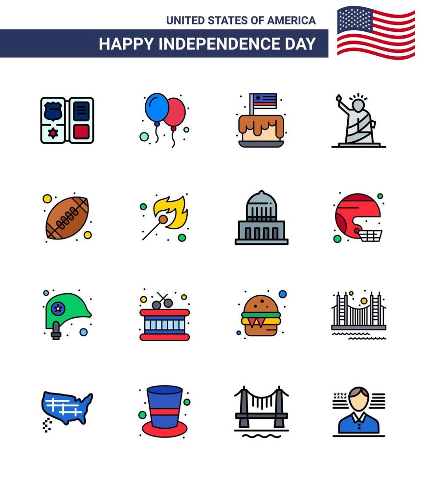 grupo de 16 líneas rellenas planas establecidas para el día de la independencia de los estados unidos de américa, como los estados unidos del festival liberty usa elementos de diseño vectorial del día de estados unidos editables vector