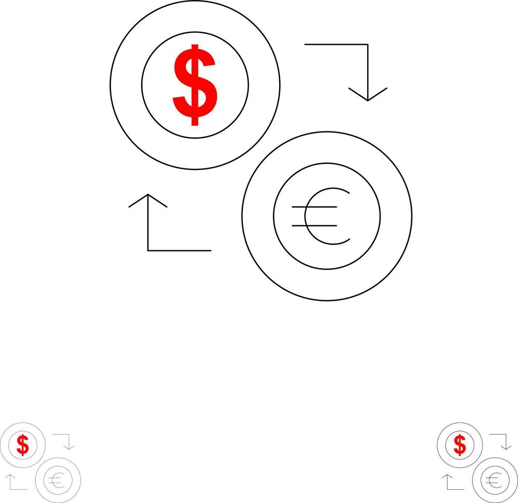 Exchange Coins Currency Dollar Euro Finance Financial Money Bold and thin black line icon set vector