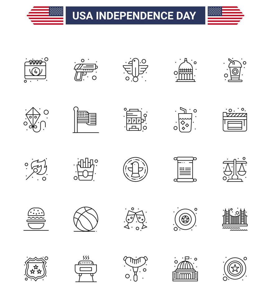 Set of 25 Modern Lines pack on USA Independence Day bottle statehouse american indianapolis state Editable USA Day Vector Design Elements
