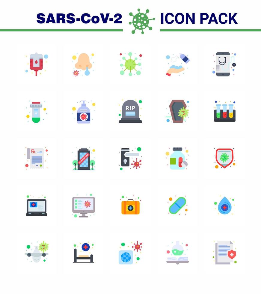 iconos de conjunto de prevención de coronavirus 25 icono de color plano, como lavado de salud, enfermedad, manos, aerosol, alcohol, coronavirus viral 2019nov, elementos de diseño de vectores de enfermedad