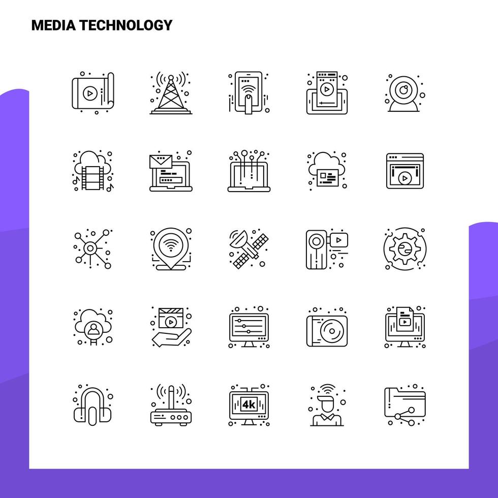 conjunto de iconos de línea de tecnología de medios conjunto 25 iconos diseño de estilo minimalista vectorial conjunto de iconos negros paquete de pictogramas lineales vector