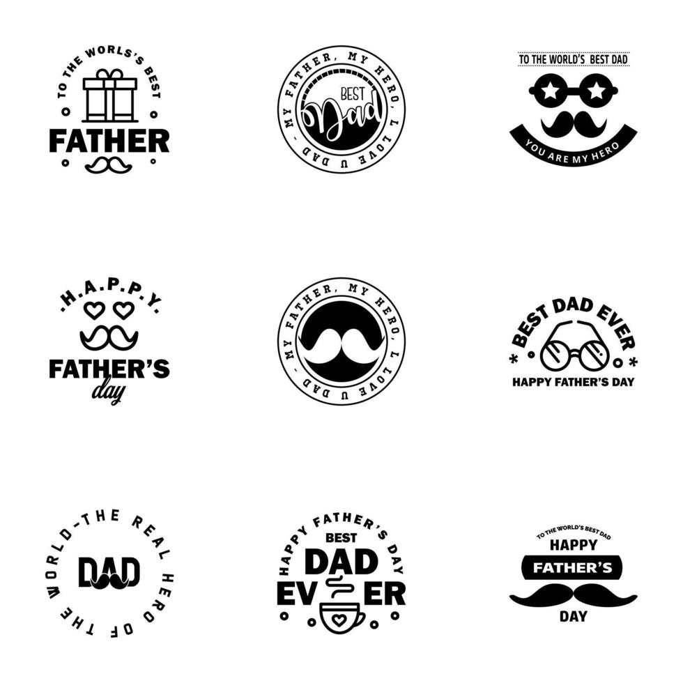 9 conjunto negro de vector feliz día del padre tipografía iconos vintage letras para tarjetas de felicitación pancartas diseño de camiseta elementos de diseño vectorial editables del día del padre