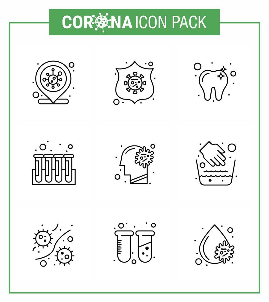 CORONAVIRUS 9 Line Icon set on the theme of Corona epidemic contains icons such as ilness cold care tubes experiment viral coronavirus 2019nov disease Vector Design Elements