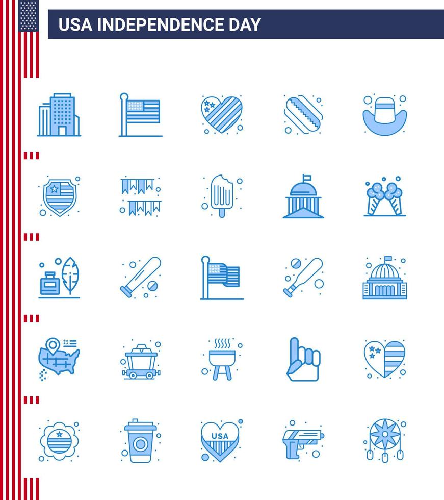 Big Pack of 25 USA Happy Independence Day USA Vector Blues and Editable Symbols of american cap flag american hotdog Editable USA Day Vector Design Elements