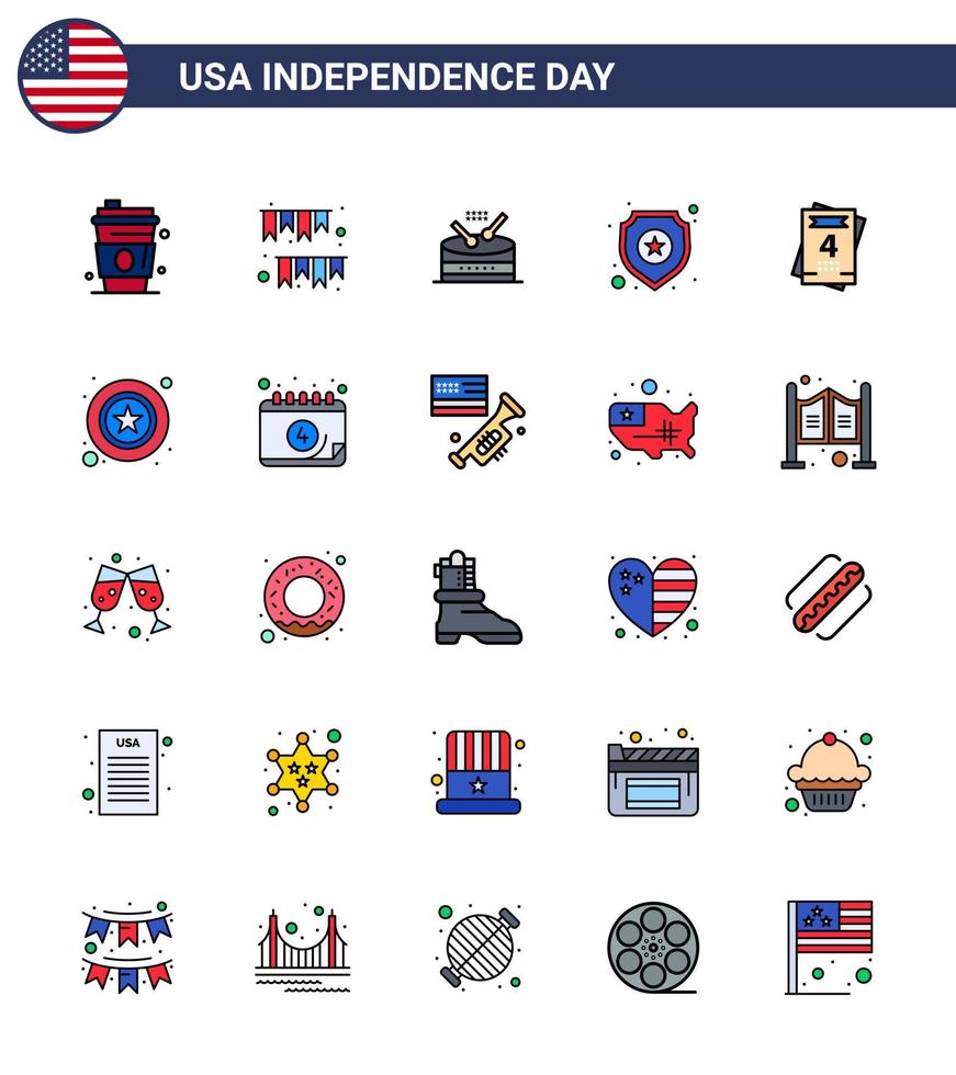 25 paquete de líneas planas llenas de estados unidos de signos y símbolos del día de la independencia de la invitación fiesta de la estrella desfile policial elementos de diseño vectorial del día de estados unidos editables vector