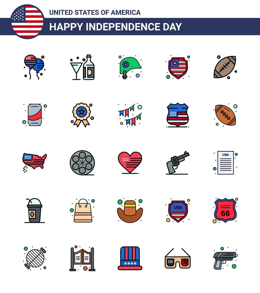 feliz día de la independencia usa paquete de 25 líneas planas creativas de protección de vidrio de escudo de fútbol estrella elementos de diseño vectorial editables del día de usa vector