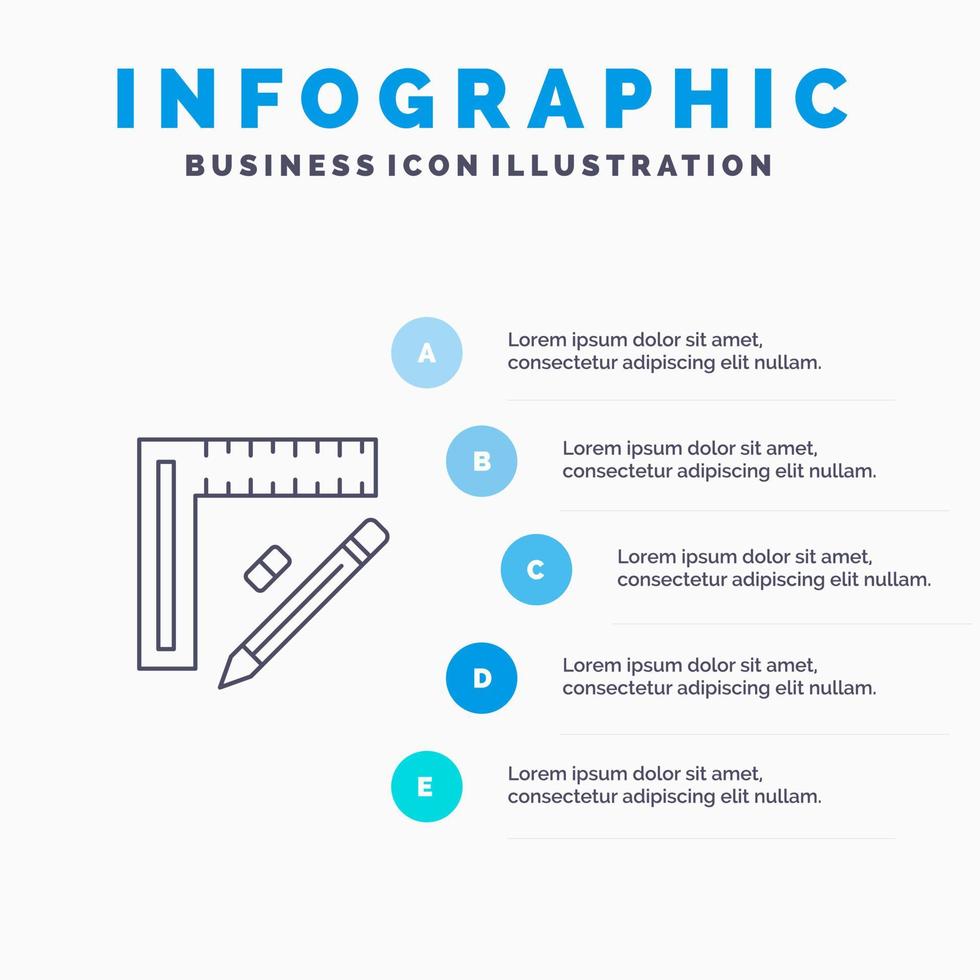 icono de línea de diseño de reparación de lápiz de construcción de regla con fondo de infografía de presentación de 5 pasos vector