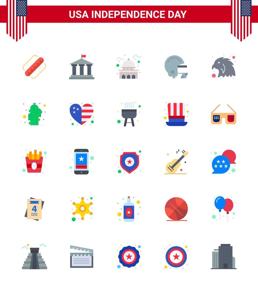 USA Happy Independence DayPictogram Set of 25 Simple Flats of bird helmet building football white Editable USA Day Vector Design Elements