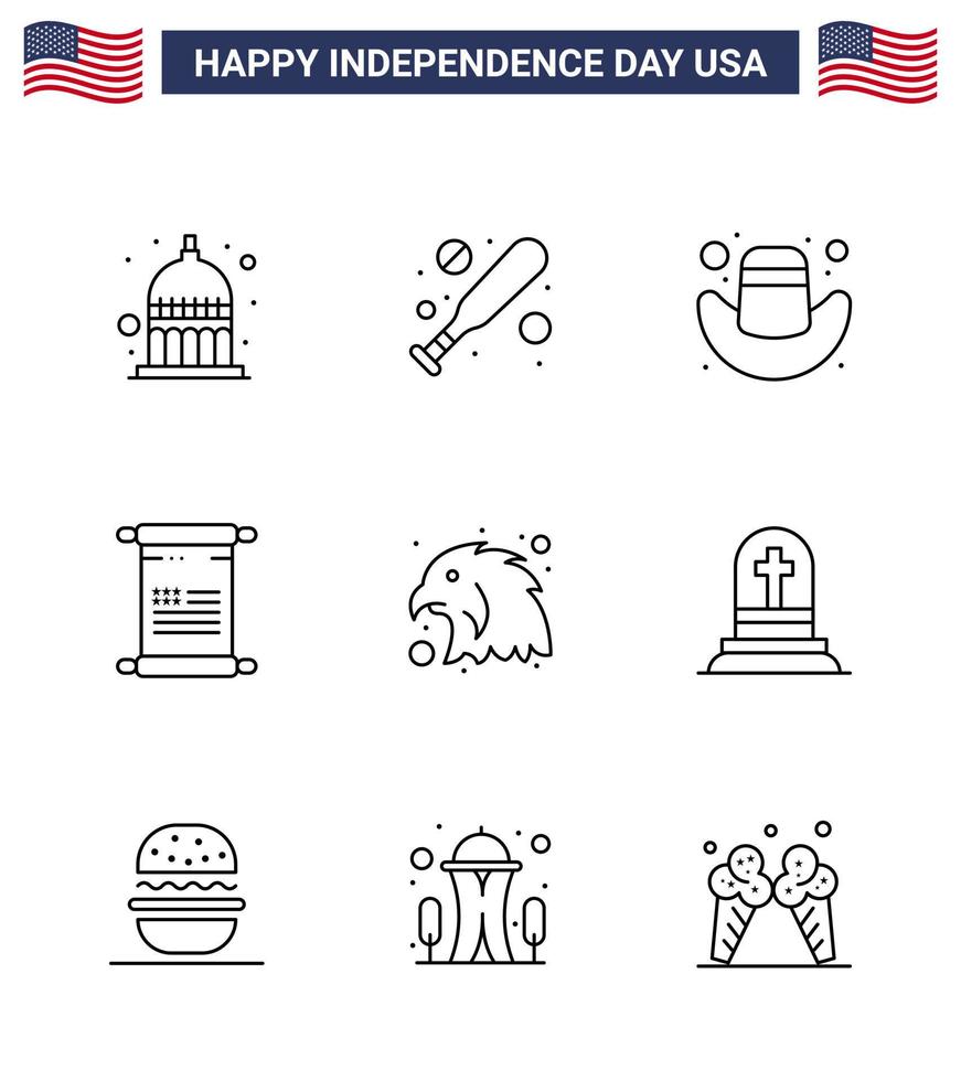 Pack of 9 USA Independence Day Celebration Lines Signs and 4th July Symbols such as death bird cap animal american Editable USA Day Vector Design Elements