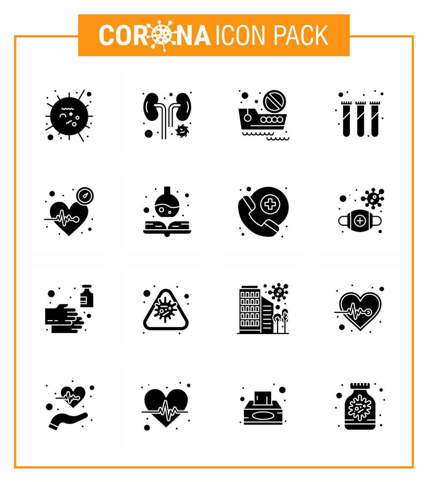 conjunto de iconos covid19 para infografía 16 paquete negro de glifo sólido, como pruebas de ritmo, viajes en laboratorio renal, coronavirus viral 2019nov, elementos de diseño de vectores de enfermedades
