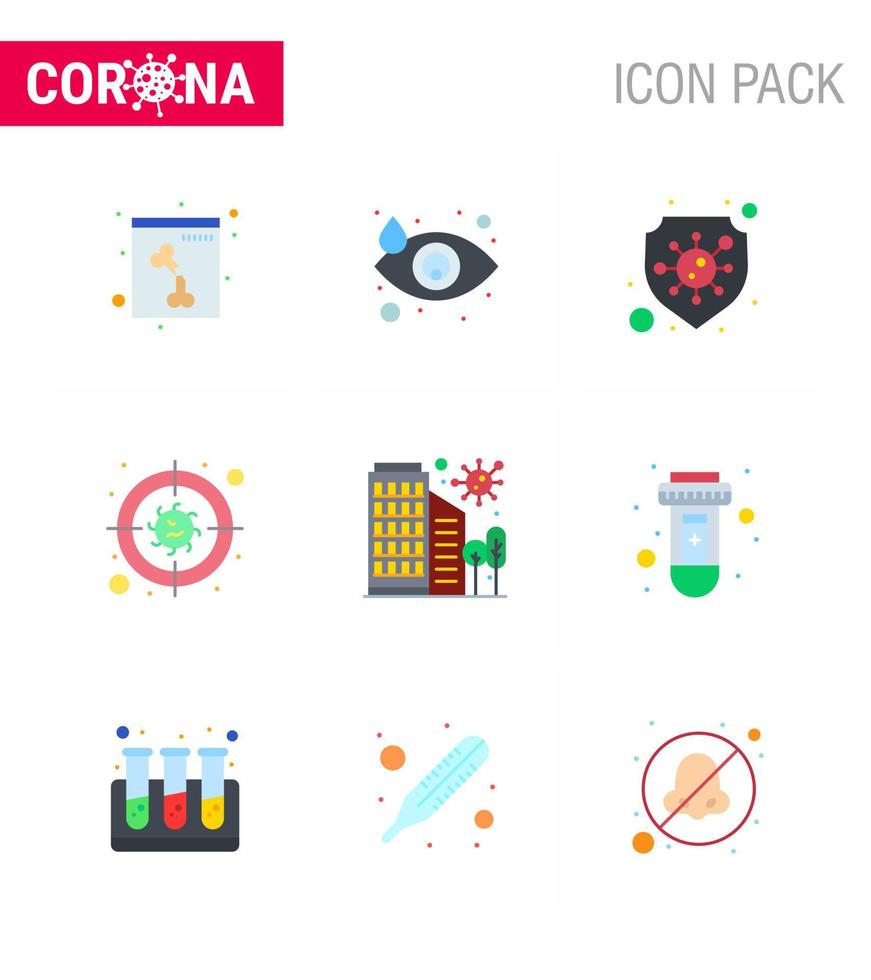 9 Flat Color coronavirus epidemic icon pack suck as disease building safety virus bacteria viral coronavirus 2019nov disease Vector Design Elements