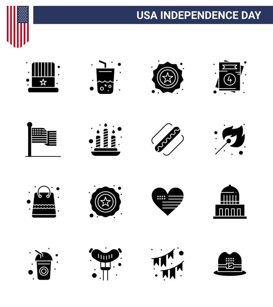 USA Independence Day Solid Glyph Set of 16 USA Pictograms of flag wedding american usa invitation Editable USA Day Vector Design Elements