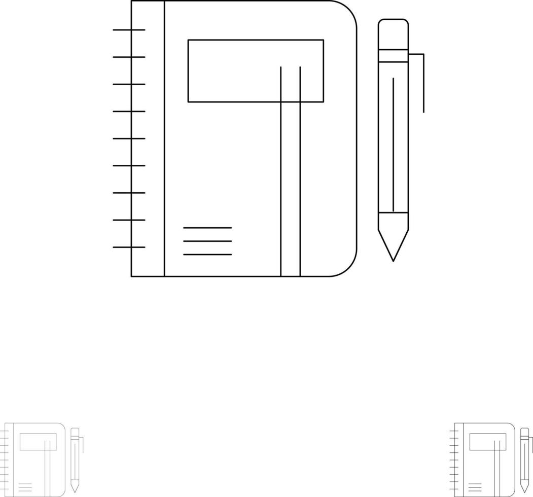 libro de trabajo nota de negocios bloc de notas pluma boceto conjunto de iconos de línea negra en negrita y delgada vector