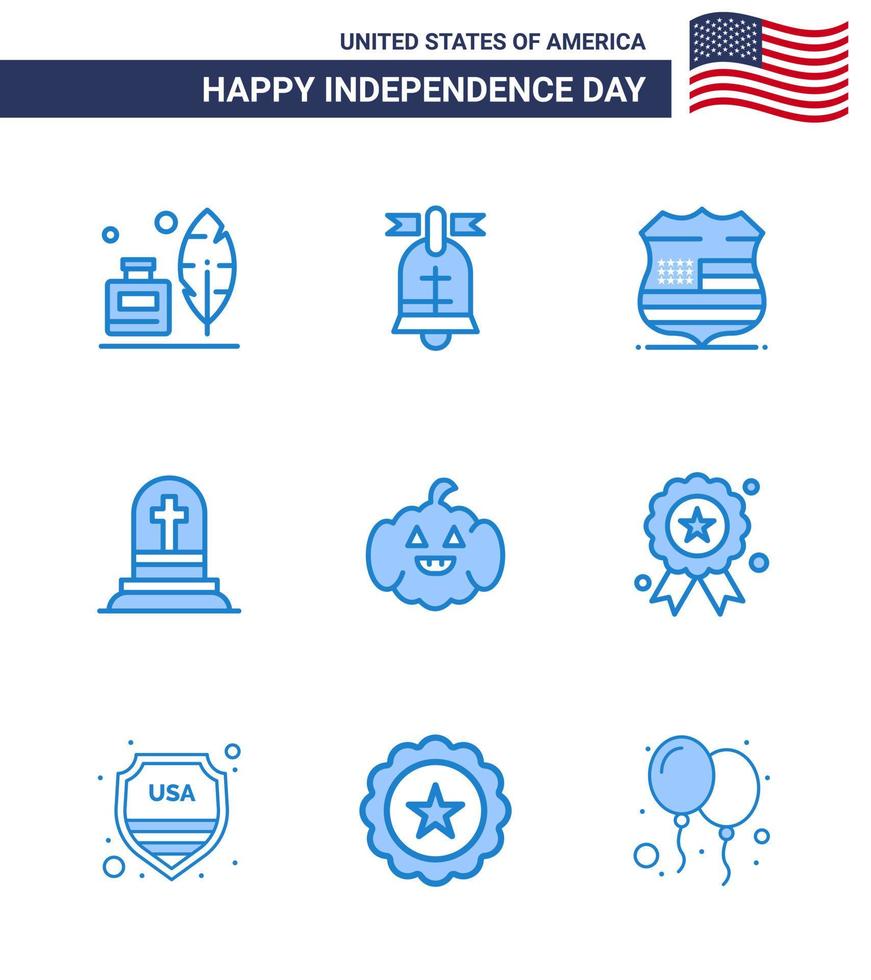 9 USA Blue Signs Independence Day Celebration Symbols of american rip shield gravestone death Editable USA Day Vector Design Elements