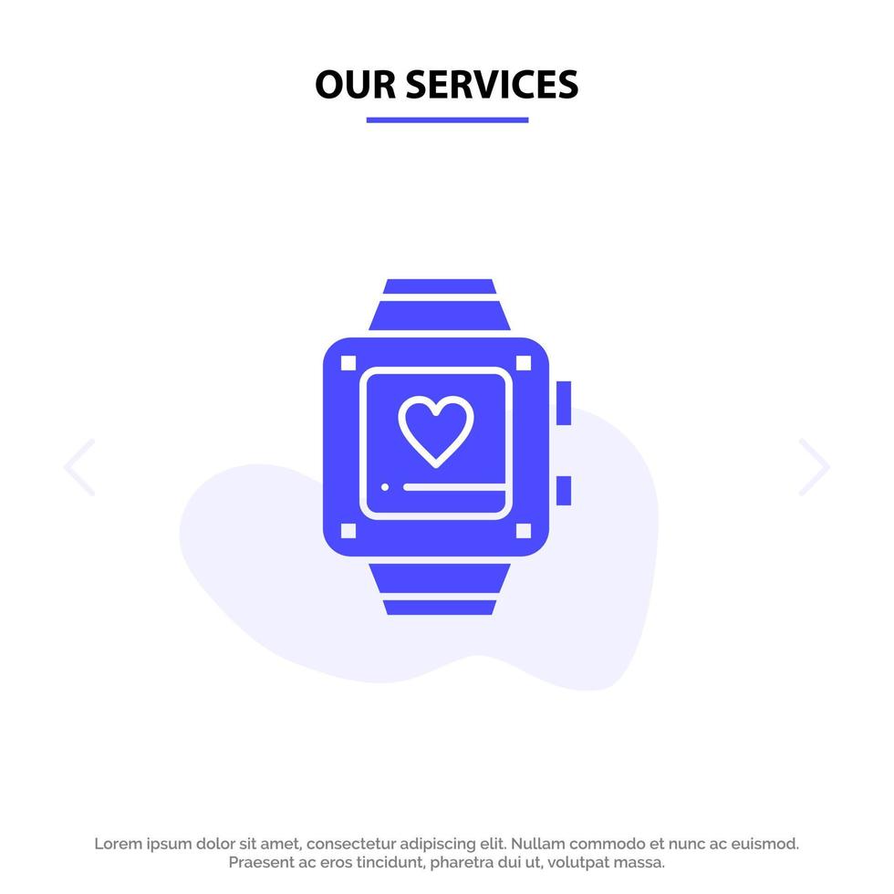 nuestros servicios reloj de mano amor corazón boda icono de glifo sólido plantilla de tarjeta web vector