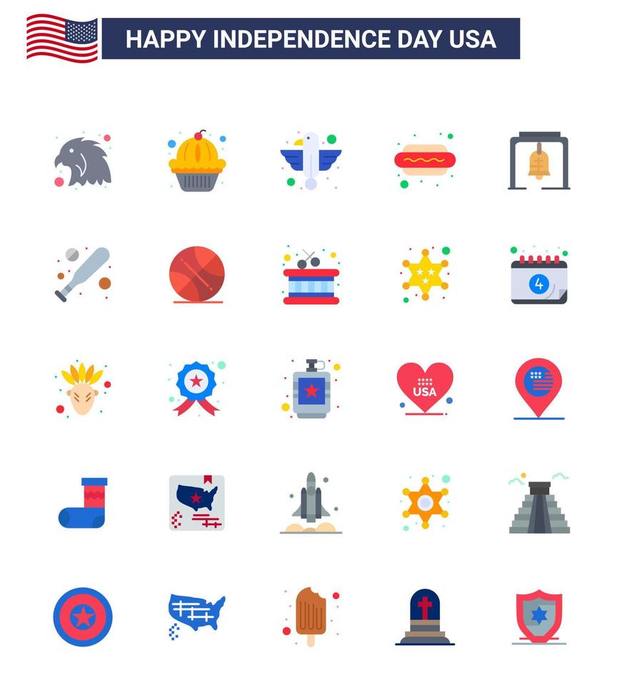 feliz día de la independencia 4 de julio conjunto de 25 pisos pictografía americana de bell hot i animal food hot dog elementos de diseño vectorial del día de estados unidos editables vector