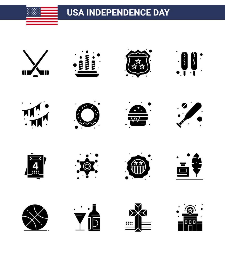16 Solid Glyph Signs for USA Independence Day party buntings security american hot dog Editable USA Day Vector Design Elements