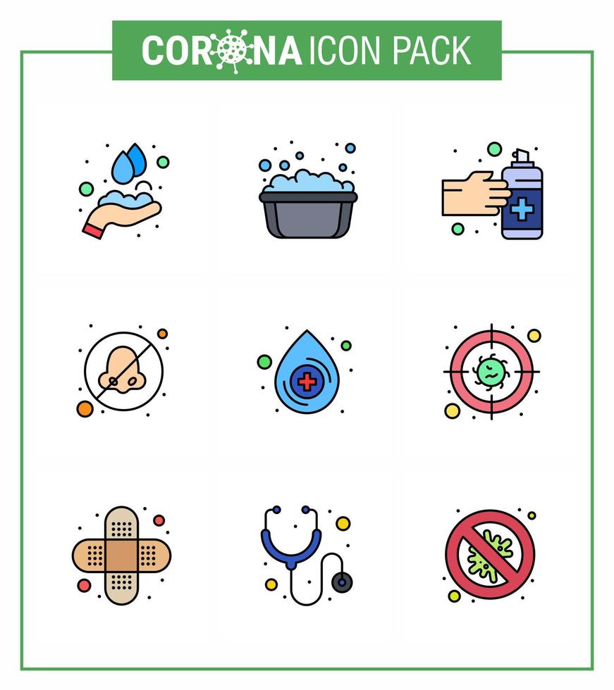 Paquete de iconos covid19 de coronavirus de color plano de 9 líneas rellenas, como dejar caer gestos para evitar otorrinolaringólogo respirar elementos de diseño de vector de enfermedad de coronavirus viral 2019nov