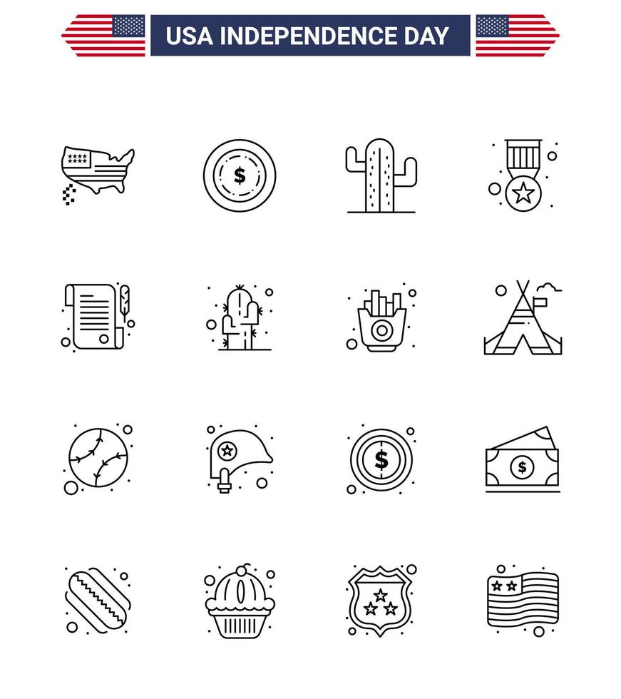 USA Happy Independence DayPictogram Set of 16 Simple Lines of day paper usa military badge Editable USA Day Vector Design Elements