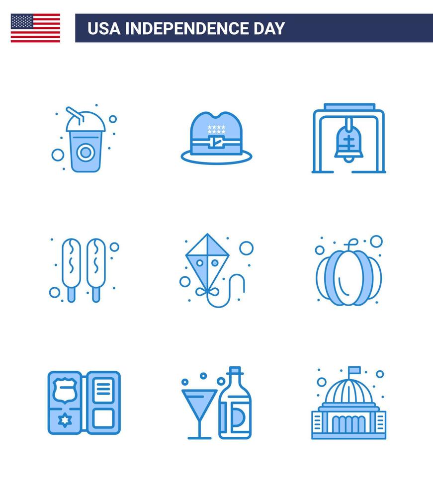 9 iconos creativos de estados unidos signos de independencia modernos y símbolos del 4 de julio de campana de verano americana cometa perro caliente elementos de diseño de vector de día de estados unidos editables