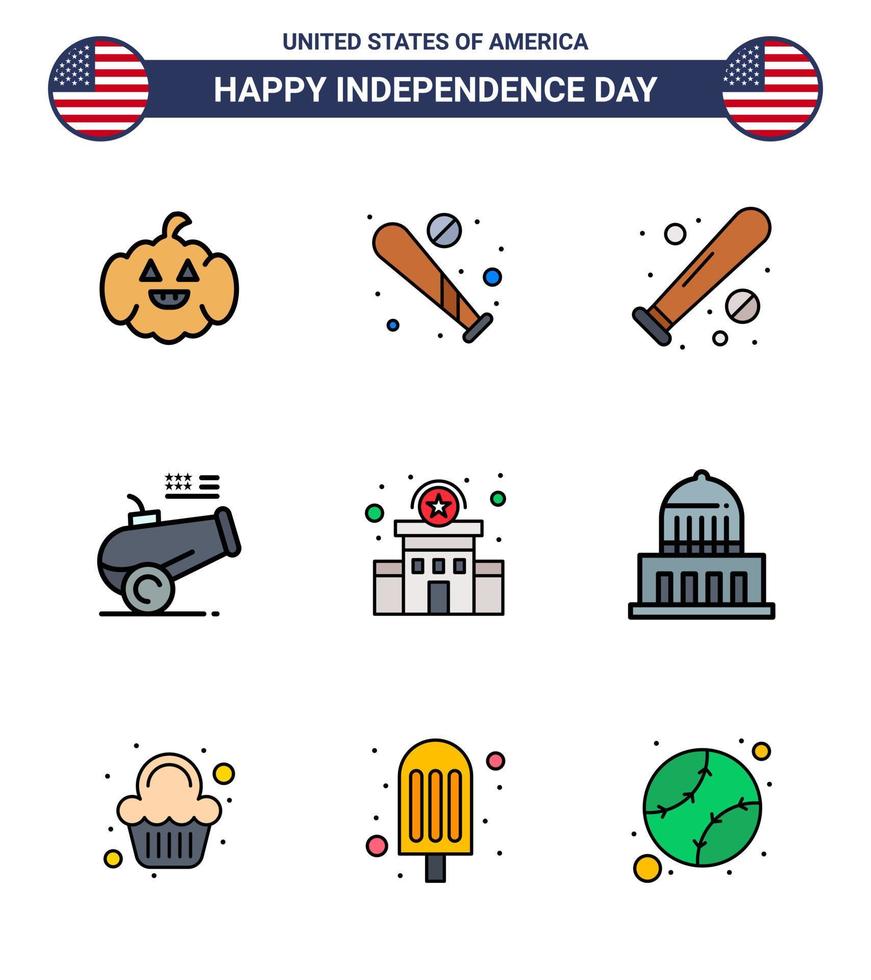 4 de julio estados unidos feliz día de la independencia icono símbolos grupo de 9 líneas planas modernas llenas de policía de la ciudad firmar edificio de la estación de armas grandes elementos de diseño vectorial editables del día de estados unidos vector