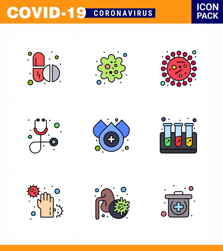 Novel Coronavirus 2019nCoV 9 Filled Line Flat Color icon pack drop stethoscope bacteria healthcare bacteria viral coronavirus 2019nov disease Vector Design Elements