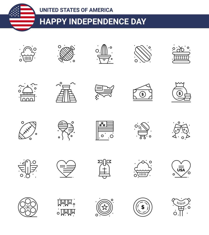 Happy Independence Day 4th July Set of 25 Lines American Pictograph of instrument states party hotdog pot Editable USA Day Vector Design Elements