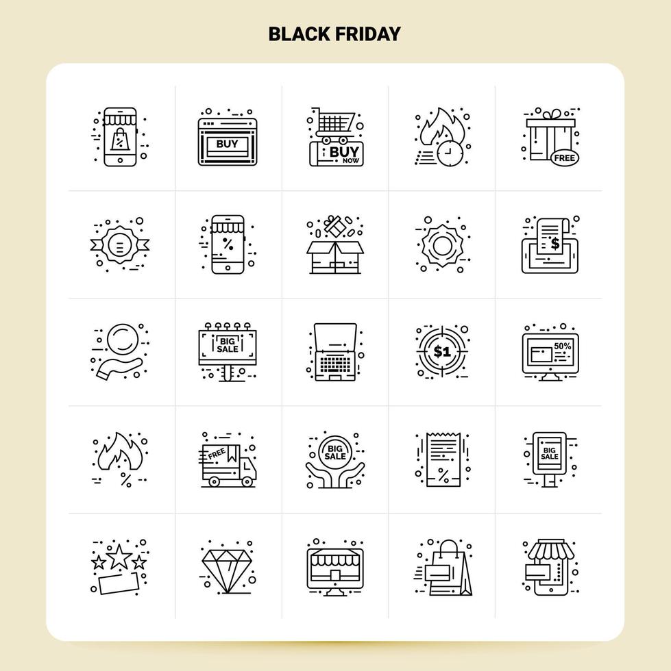 OutLine 25 Black Friday Icon set Vector Line Style Design Black Icons Set Linear pictogram pack Web and Mobile Business ideas design Vector Illustration