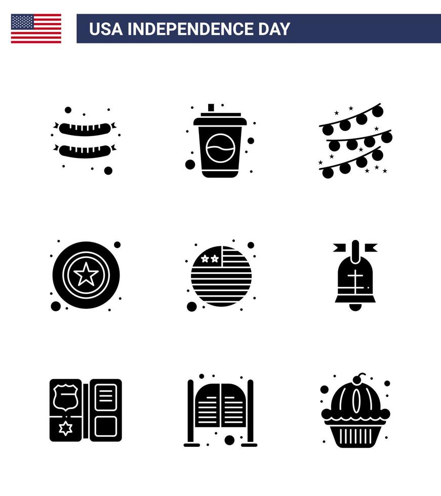 Set of 9 Vector Solid Glyphs on 4th July USA Independence Day such as ball flag party decoration country star Editable USA Day Vector Design Elements