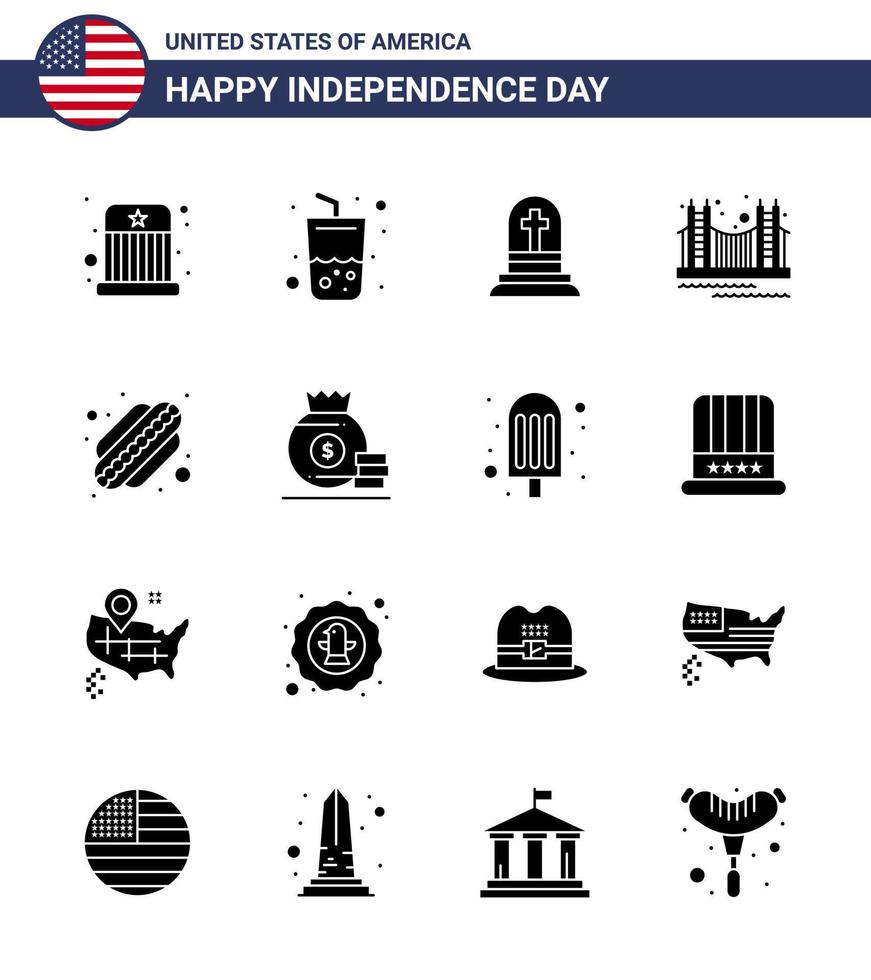 Big Pack of 16 USA Happy Independence Day USA Vector Solid Glyphs and Editable Symbols of usa landmark death golden bridge Editable USA Day Vector Design Elements