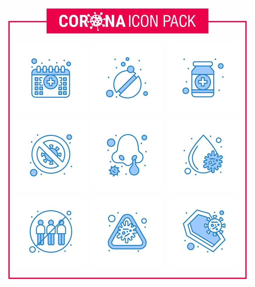 9 Blue coronavirus epidemic icon pack suck as no diagnosis drugs bacteria medicine viral coronavirus 2019nov disease Vector Design Elements