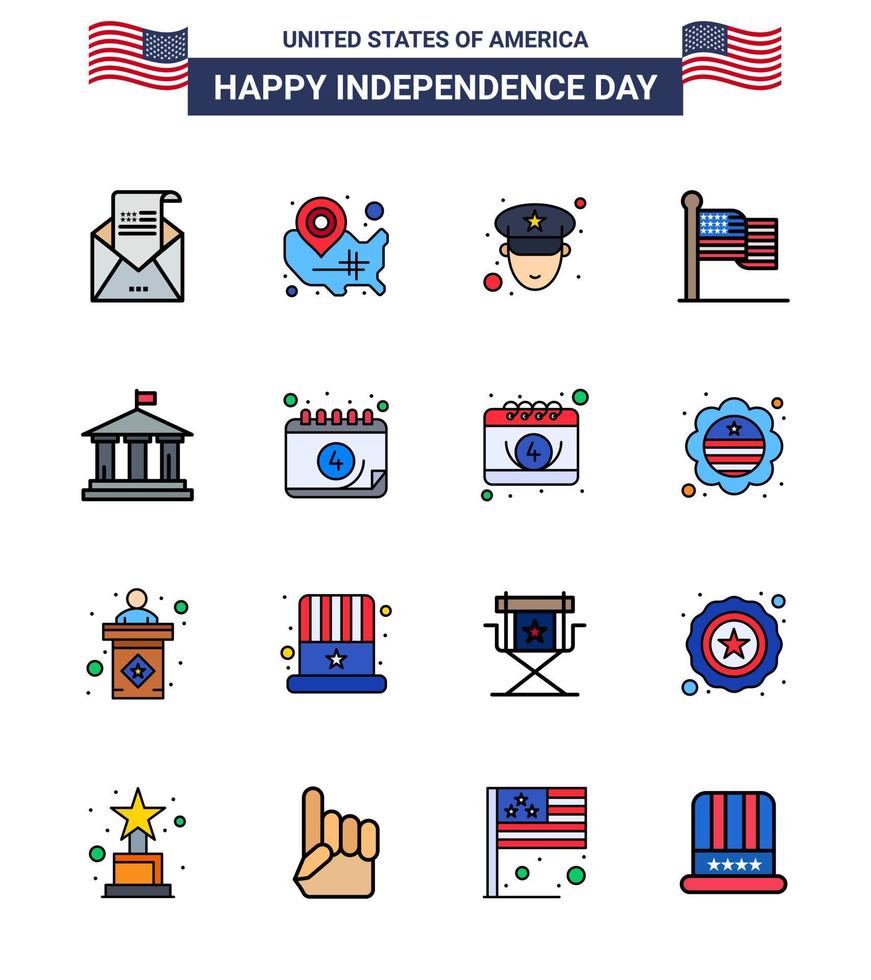 Pack of 16 USA Independence Day Celebration Flat Filled Lines Signs and 4th July Symbols such as bank thanksgiving wisconsin flag police Editable USA Day Vector Design Elements