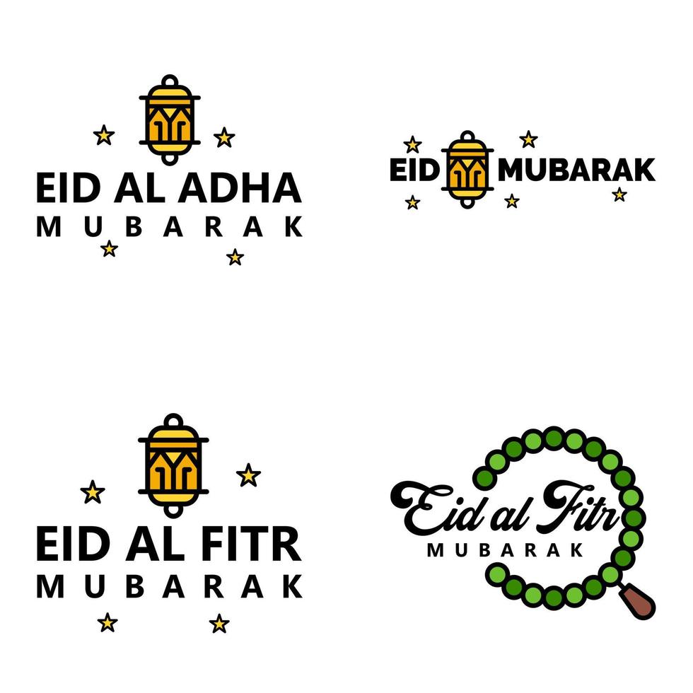 feliz eid mubarak ilustración de diseño vectorial de 4 mensajes decorativos escritos a mano sobre fondo blanco vector