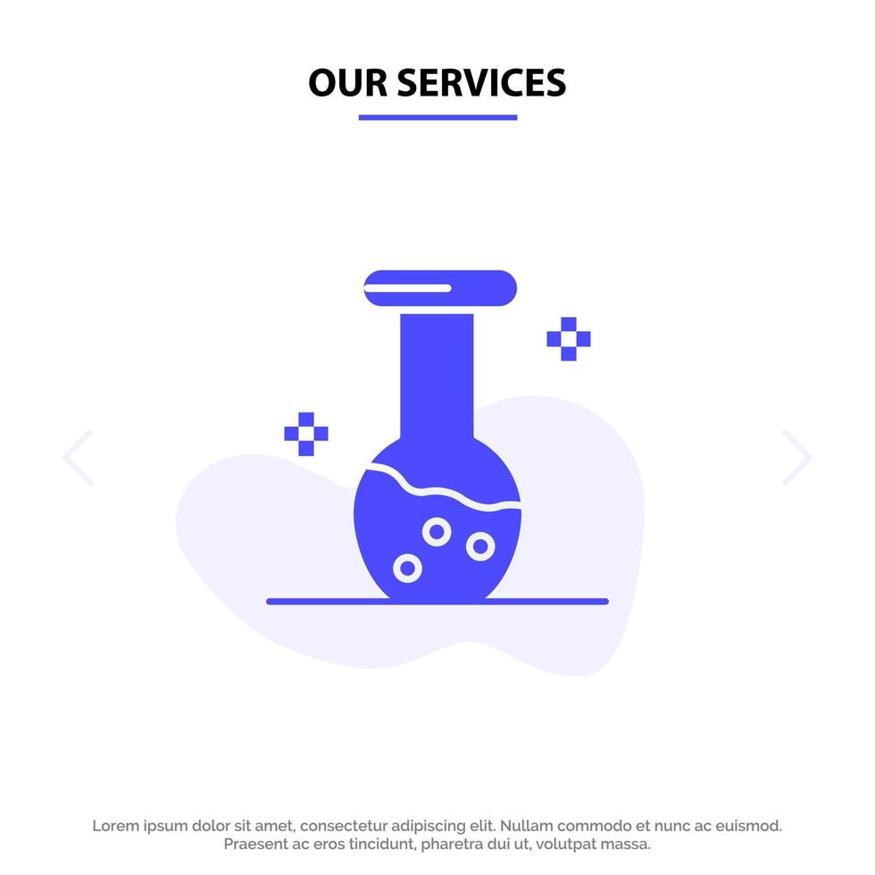 nuestros servicios análisis bioquímica biología química icono de glifo sólido plantilla de tarjeta web vector