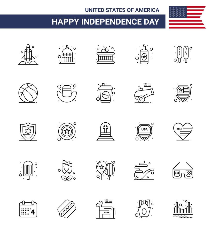 Happy Independence Day USA Pack of 25 Creative Lines of food corn dog usa wine alcohol Editable USA Day Vector Design Elements