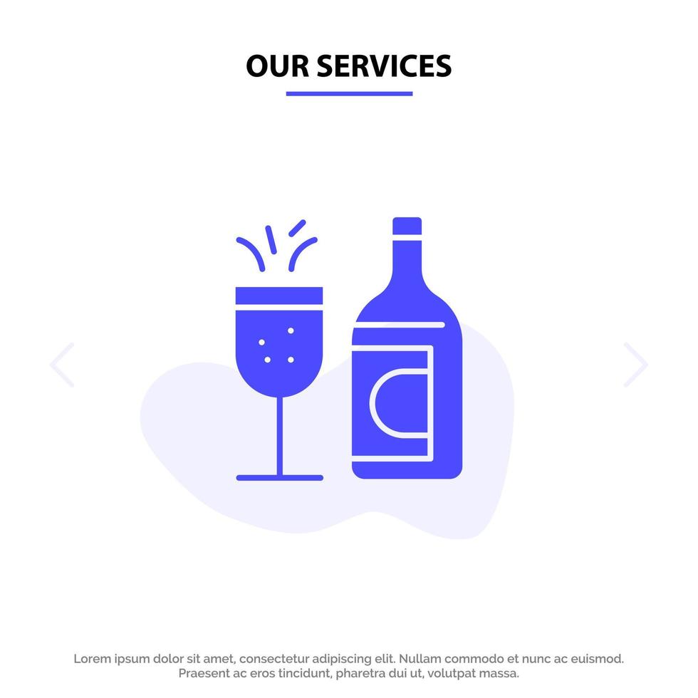 nuestros servicios botella de vidrio bebida de pascua icono de glifo sólido plantilla de tarjeta web vector