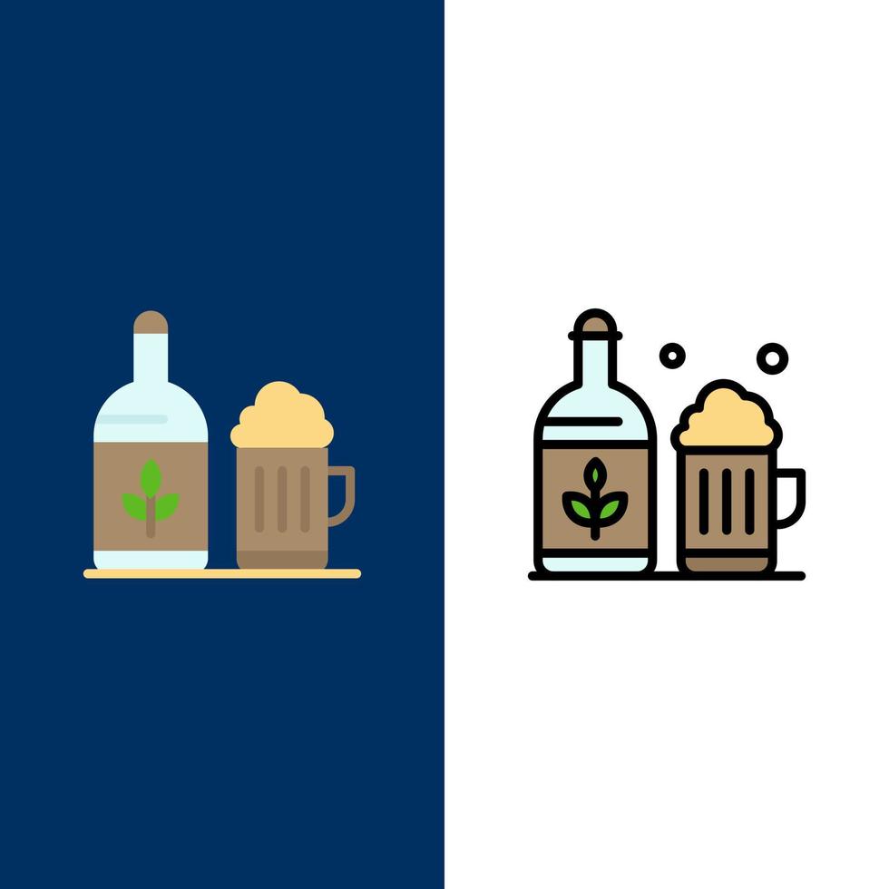 botella de cerveza copa irlanda iconos planos y llenos de línea conjunto de iconos vector fondo azul