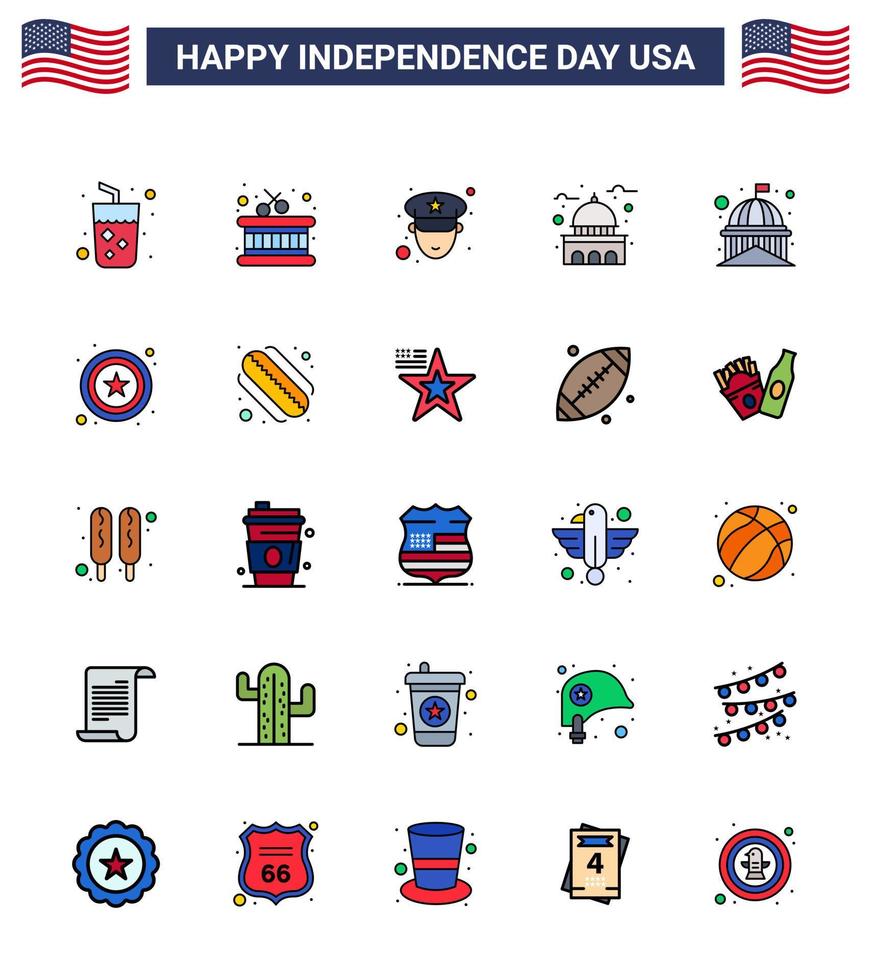 usa feliz día de la independencia pictograma conjunto de 25 líneas planas simples llenas de signo oficial de policía hito blanco elementos de diseño vectorial del día de estados unidos editables vector