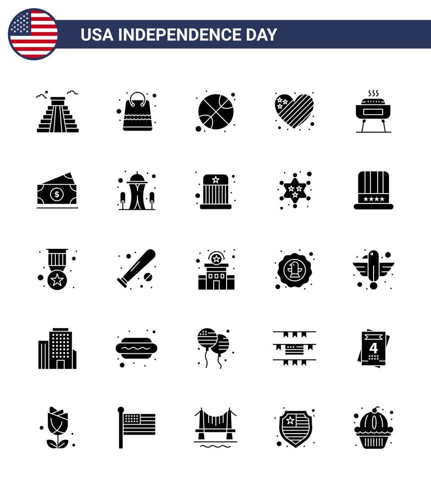 4th July USA Happy Independence Day Icon Symbols Group of 25 Modern Solid Glyph of celebration love basketball heart american Editable USA Day Vector Design Elements