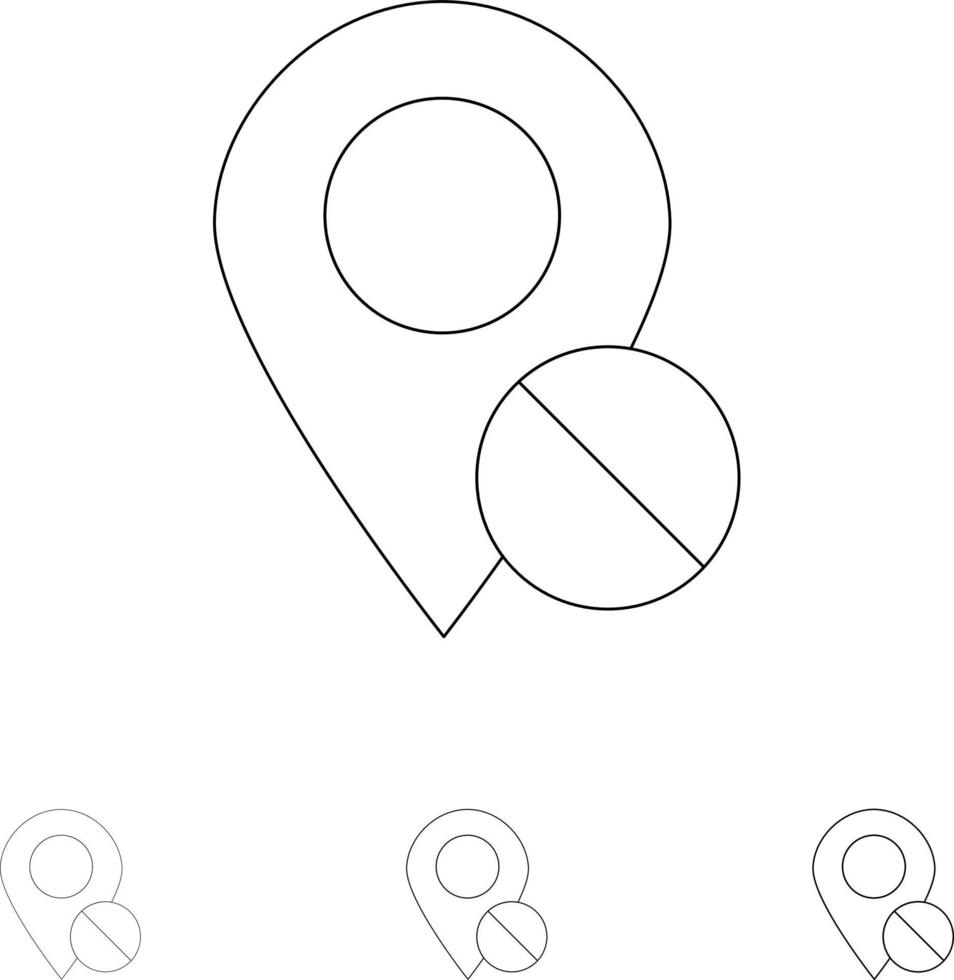 ubicación mapa marcador pin médico negrita y delgada línea negra conjunto de iconos vector
