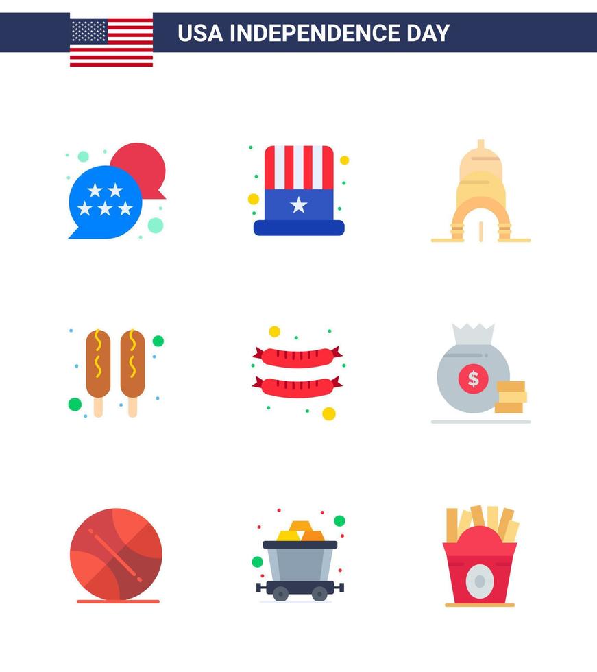 conjunto de 9 paquetes de pisos modernos en el día de la independencia de estados unidos dólar frankfurter chrysler comida hot dog elementos de diseño vectorial del día de estados unidos editables vector