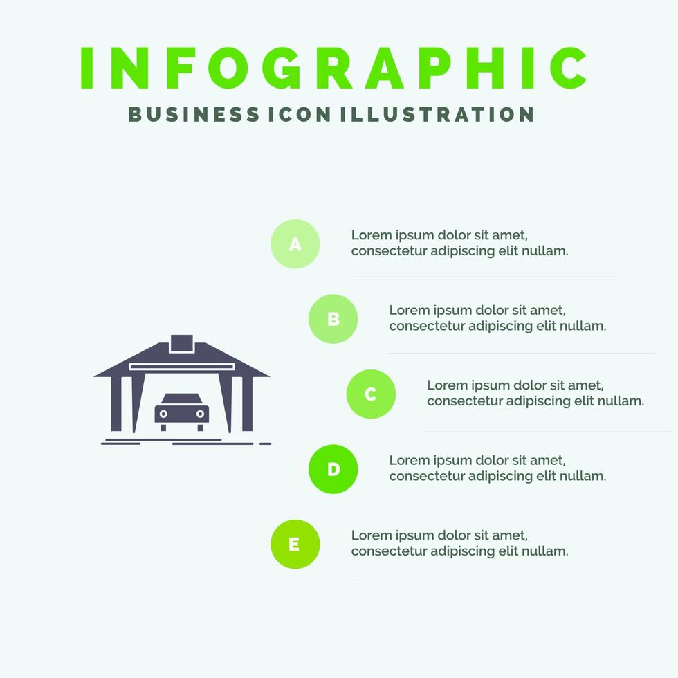 garaje edificio coche construcción sólido icono infografía 5 pasos presentación antecedentes vector