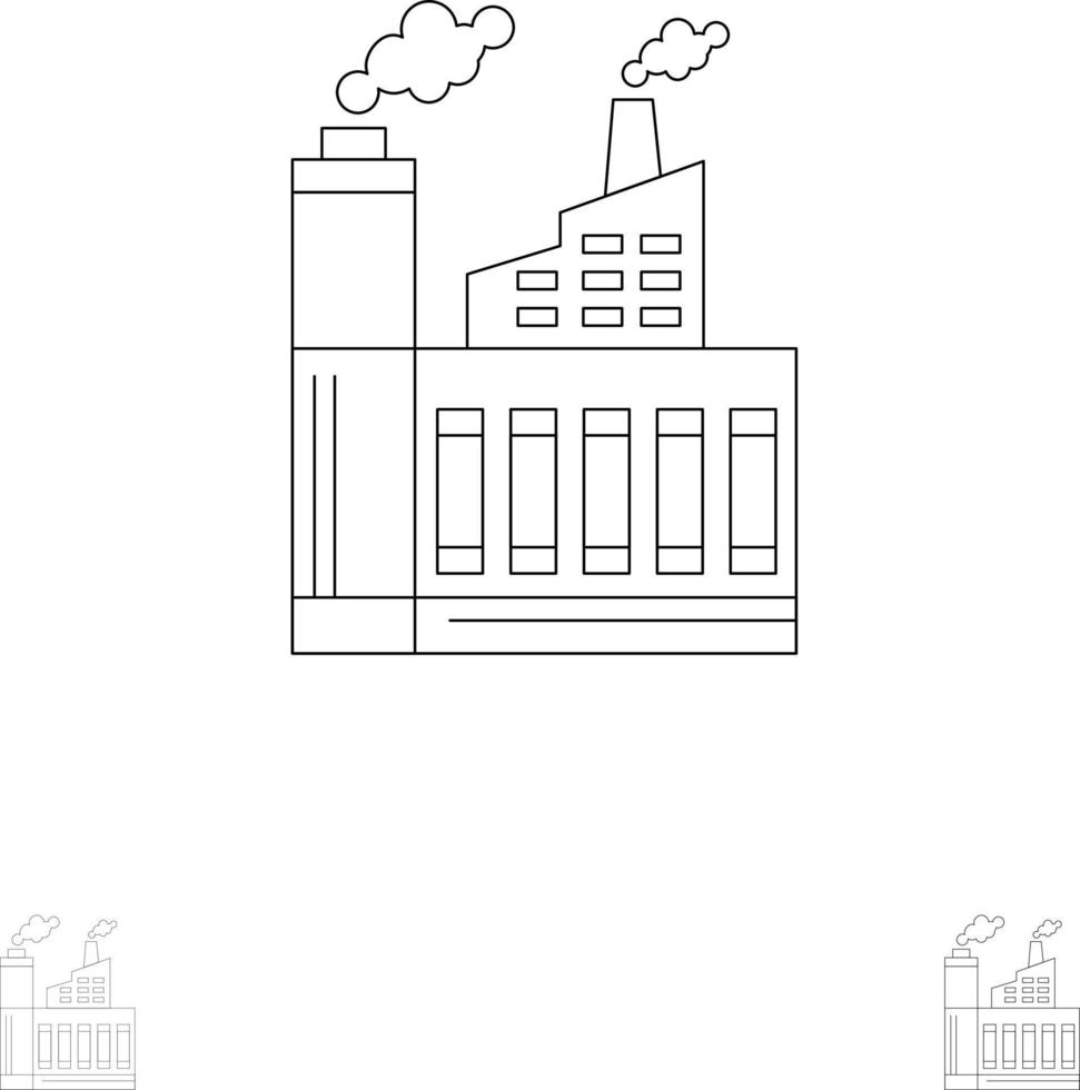 Industry Building Construction Factory Smoke Bold and thin black line icon set vector