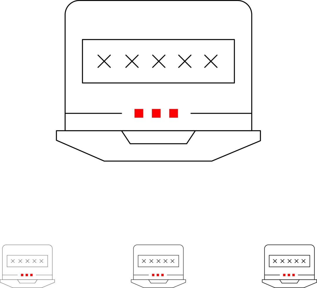 conjunto de iconos de línea negra fina y audaz de seguridad de bloqueo de computadora portátil vector