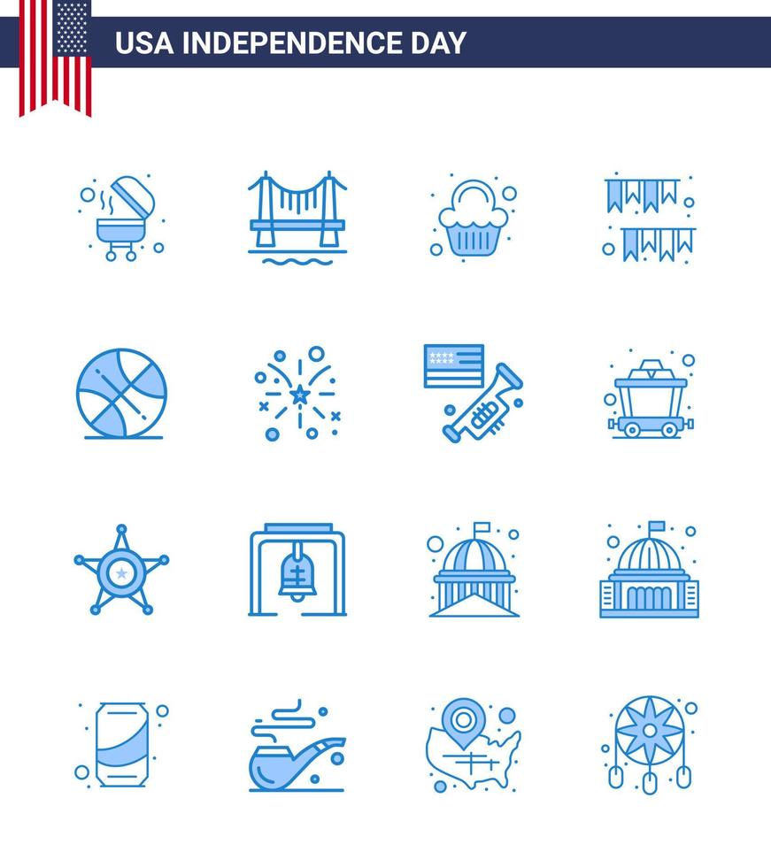 Set of 16 Vector Blues on 4th July USA Independence Day such as ball party party decoration garland Editable USA Day Vector Design Elements