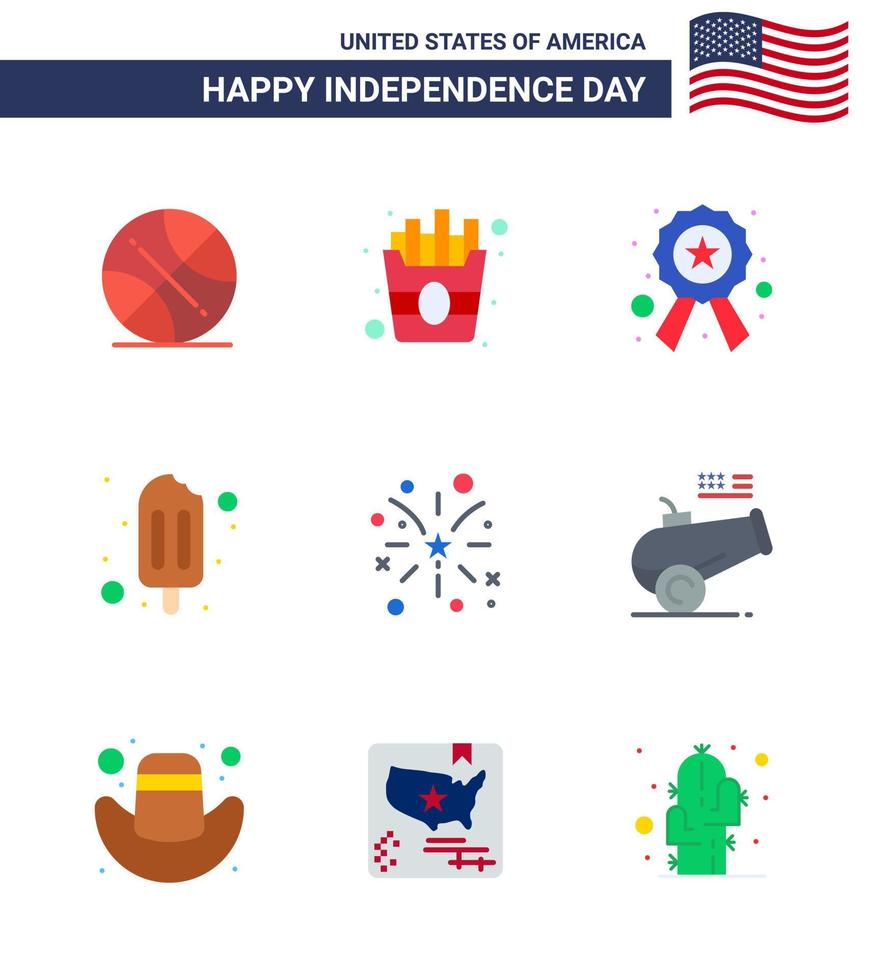 Modern Set of 9 Flats and symbols on USA Independence Day such as usa fire police firework popsicle Editable USA Day Vector Design Elements