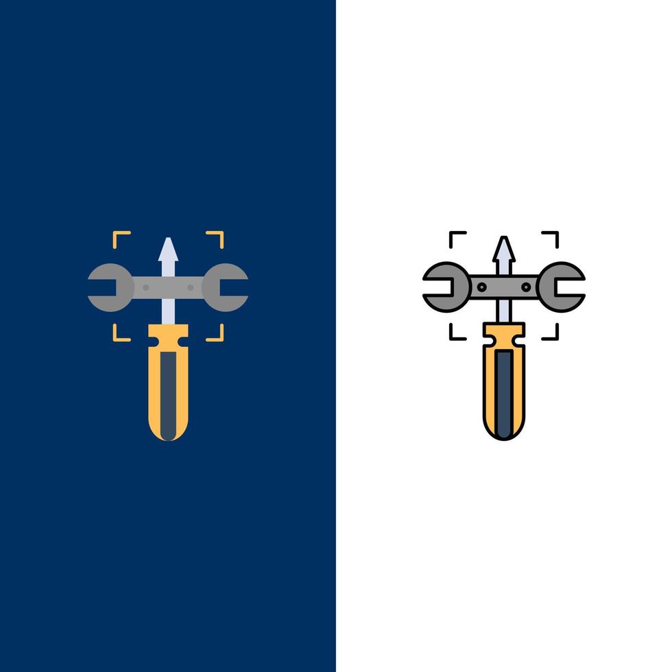 Setting Gear Wrench Screw  Icons Flat and Line Filled Icon Set Vector Blue Background
