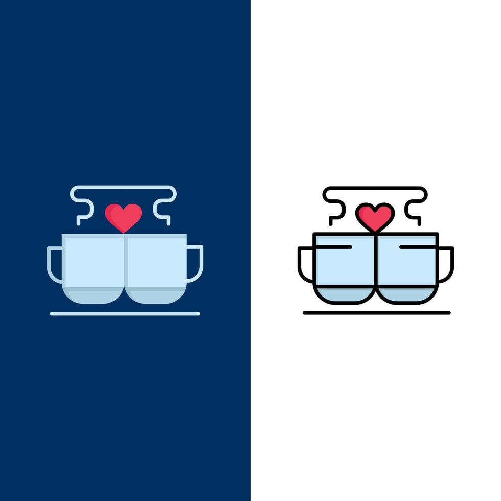 taza de café amor corazón san valentín iconos planos y llenos de línea conjunto de iconos vector fondo azul